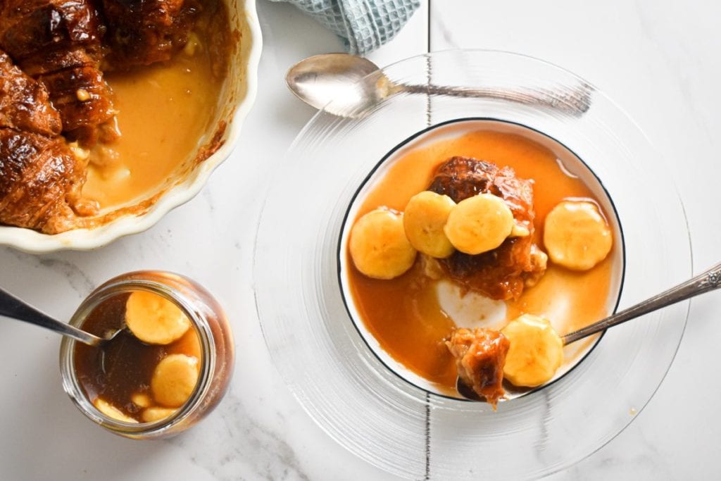 This New Orleans inspired Bananas Foster Croissant Bread Pudding with caramel sauce is as delicious as it is decadent. Here's how to make this Food + Words original.