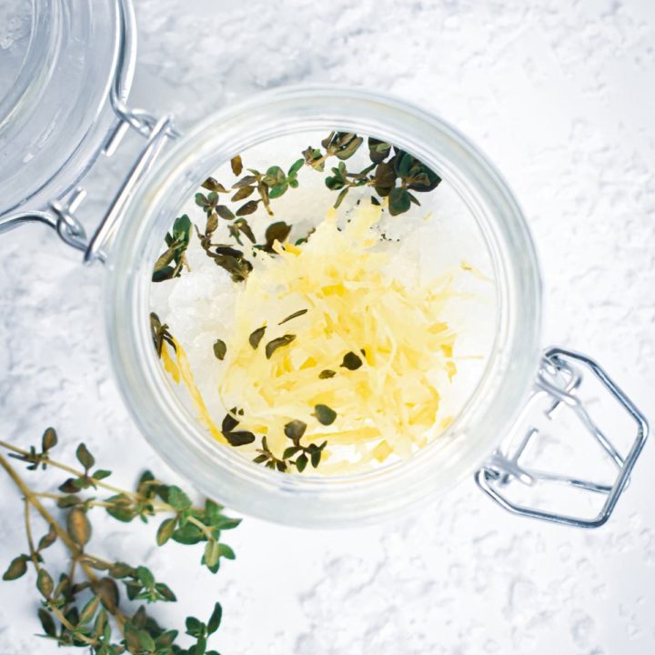 Enjoy a little downtime this season with this DIY homemade lemon thyme salt scrub containing only 4 ingredients (super easy!).