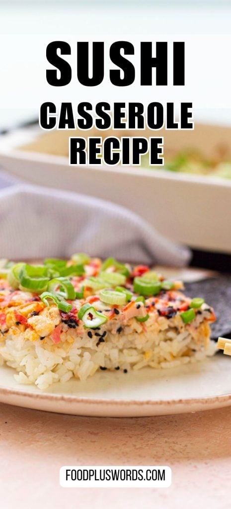 Sushi bake recipe on a white plate.