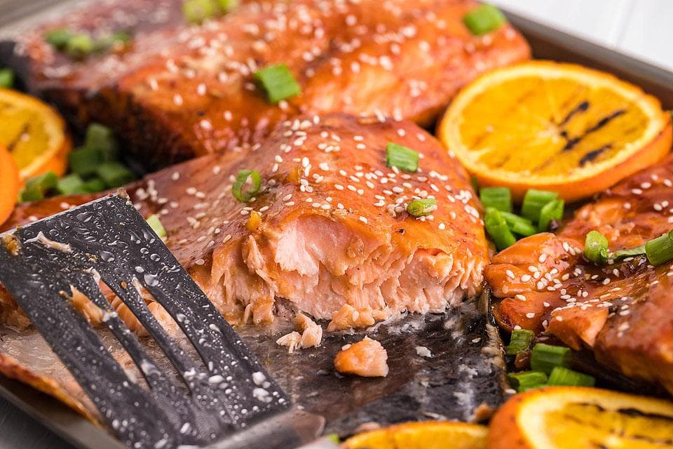 Orange BBQ Salmon with Foil Packet Garlic Soy Vegetables by XOXO Bella