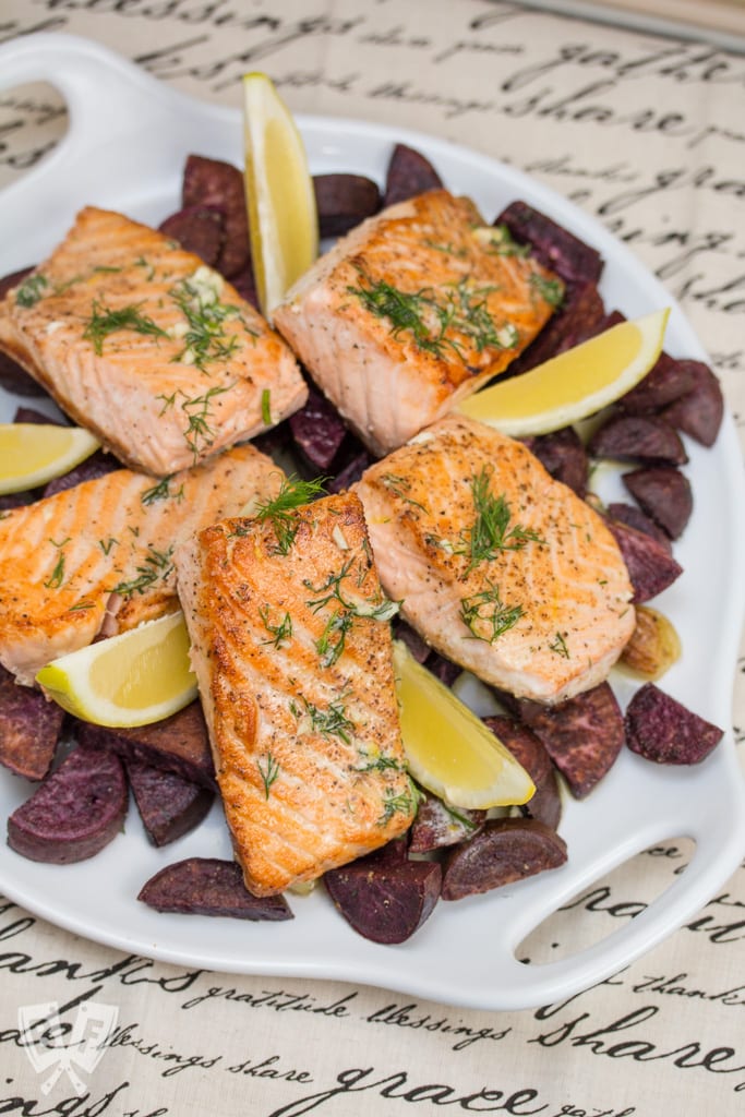 Pan Seared Salmon with Lemon Dill Butter Roasted Purple Sweet Potatoes by Big Flavors From a Tiny Kitchen