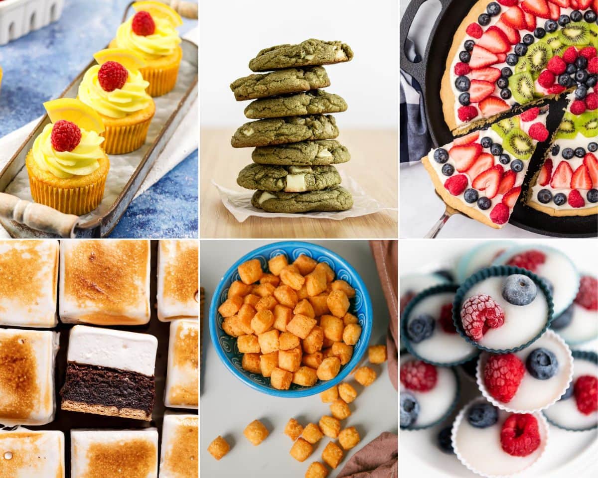 Collage of six assorted desserts: summer dessert recipes like lemon cupcakes, green cookies, fruit tart, s'mores squares, cheesy snacks, and yogurt bites with berries.