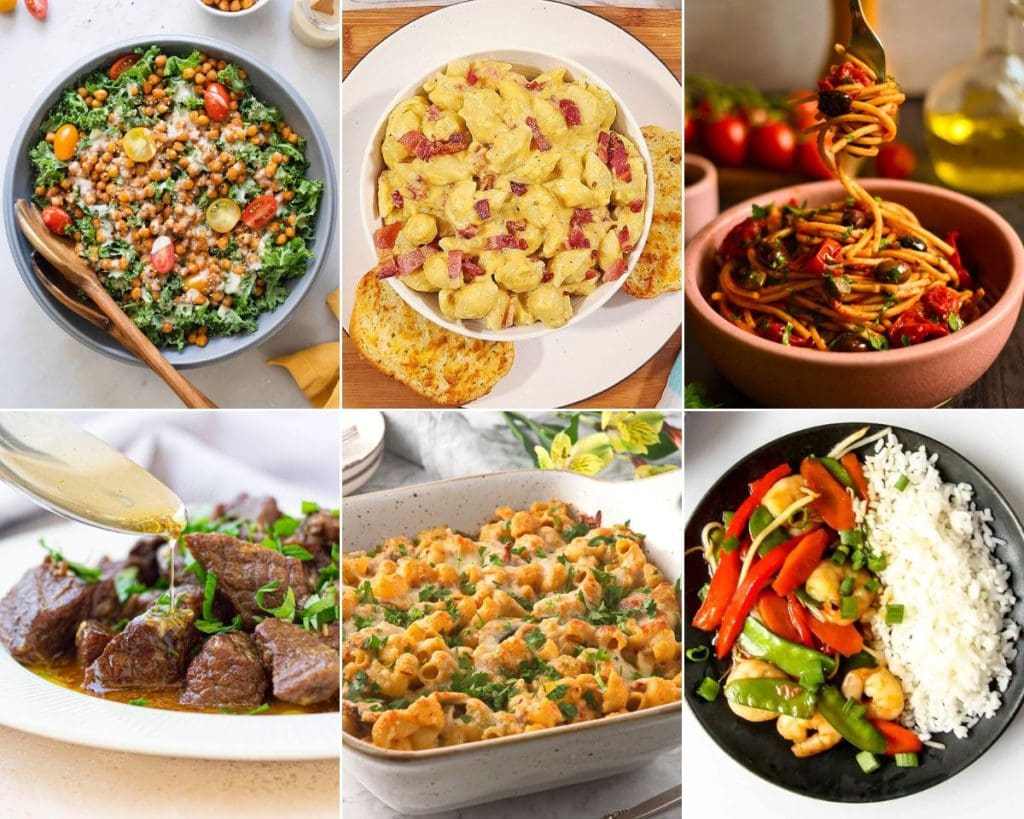 A collage of pictures showcasing a variety of easy dinner recipes.