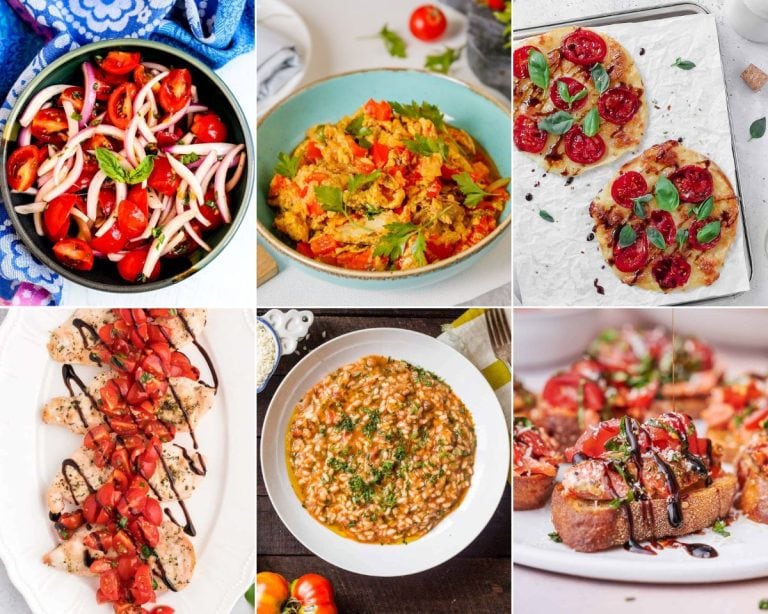 A collage of pictures featuring fresh tomato recipes.