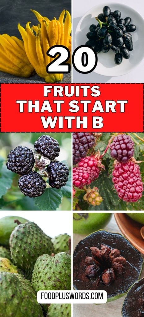 A collage of various fruits, particularly those starting with B.