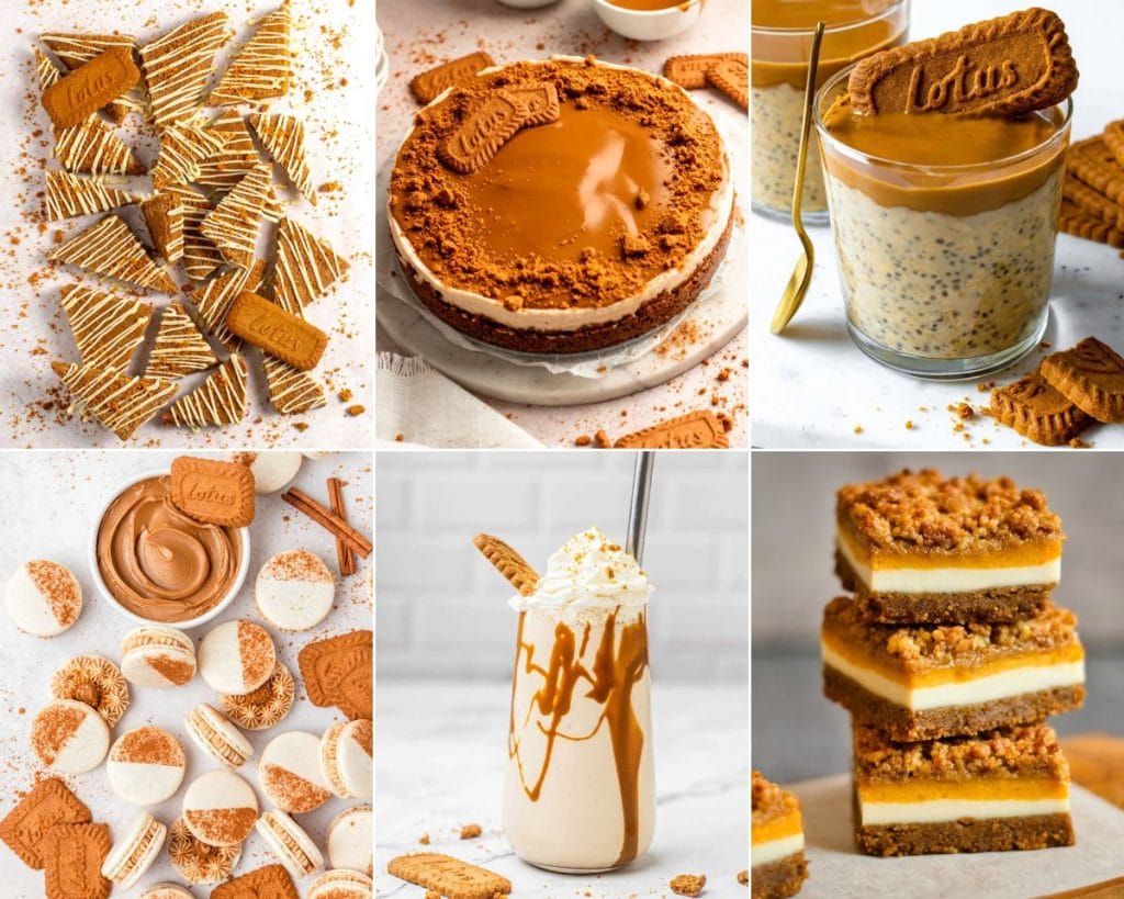 A collage of pictures of desserts with peanut butter and Biscoff recipe ideas.