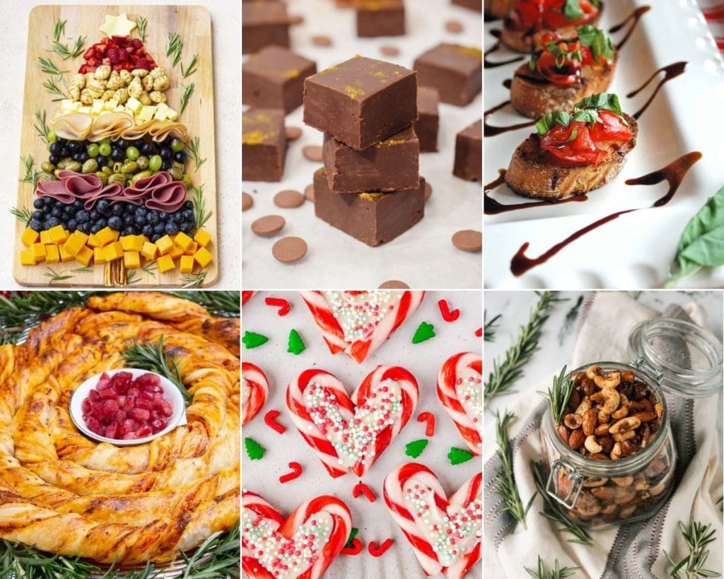 A collage of pictures of christmas snacks and desserts.