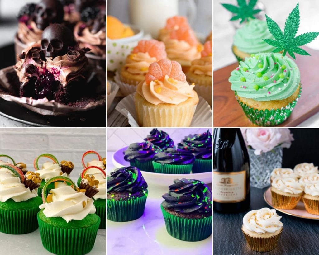 A creative medley of pictures showcasing delectable cupcakes adorned with marijuana-infused decorations.