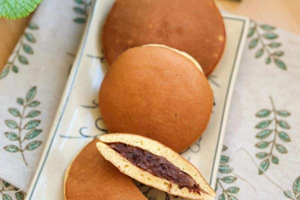 Japanese pancakes with chocolate filling on a plate.