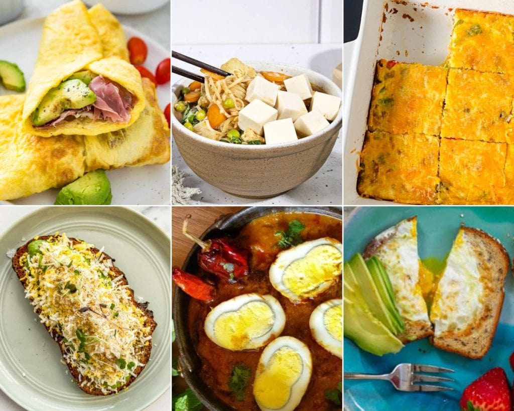 A collage of pictures of omelettes, eggs, and bread.