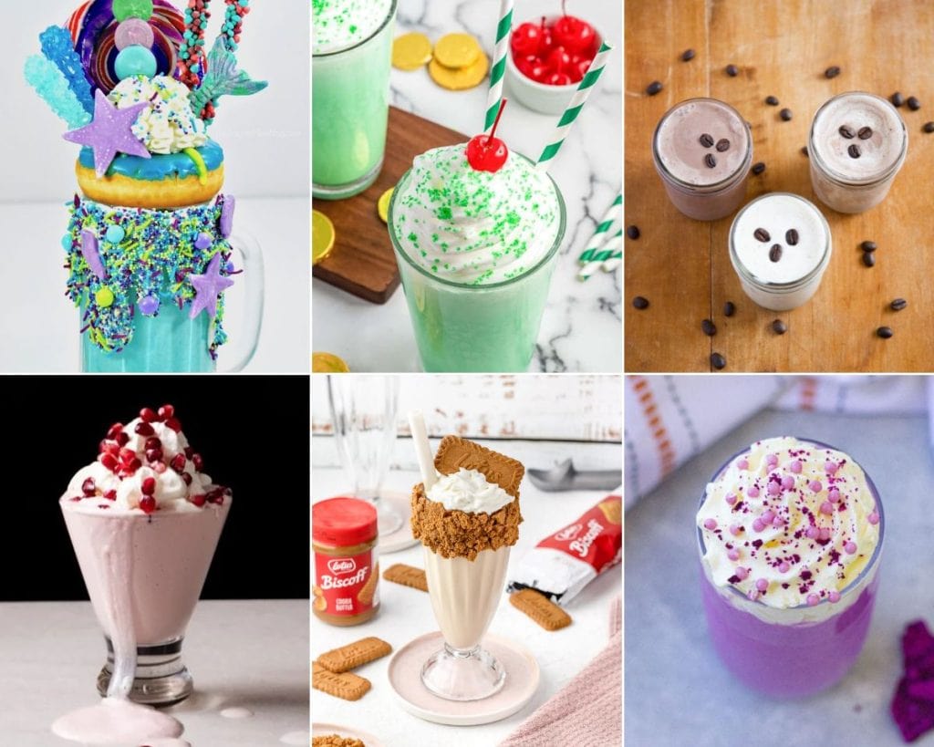 A collage of different milkshakes with different toppings.