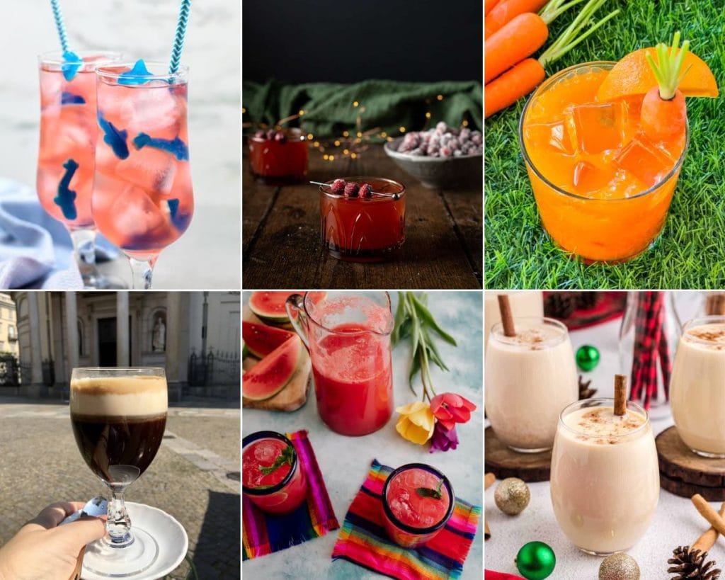 A collage of non-alcoholic drink recipes and mocktails.