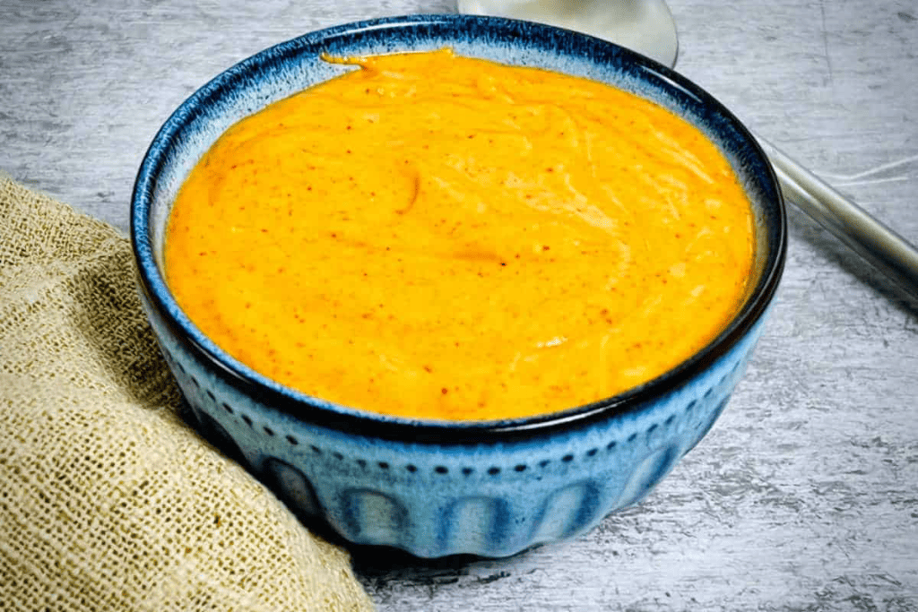 Carrot soup in a blue bowl with a spoon.