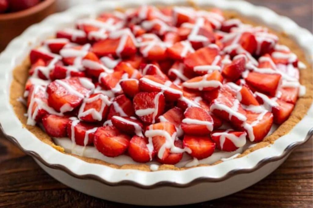 A delicious strawberry pie with a creamy icing on top.