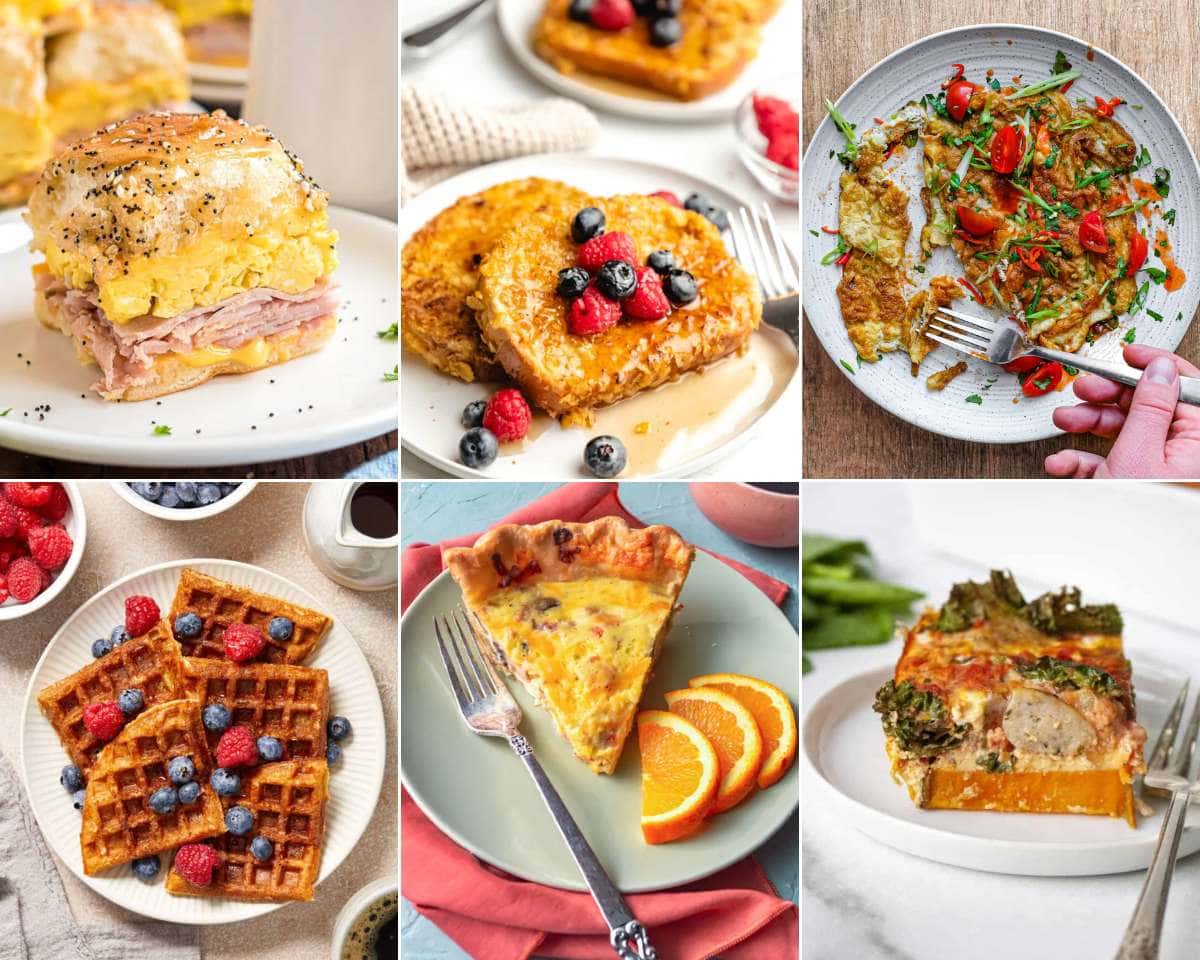 A collage of pictures showcasing breakfast ideas including waffles and pancakes.