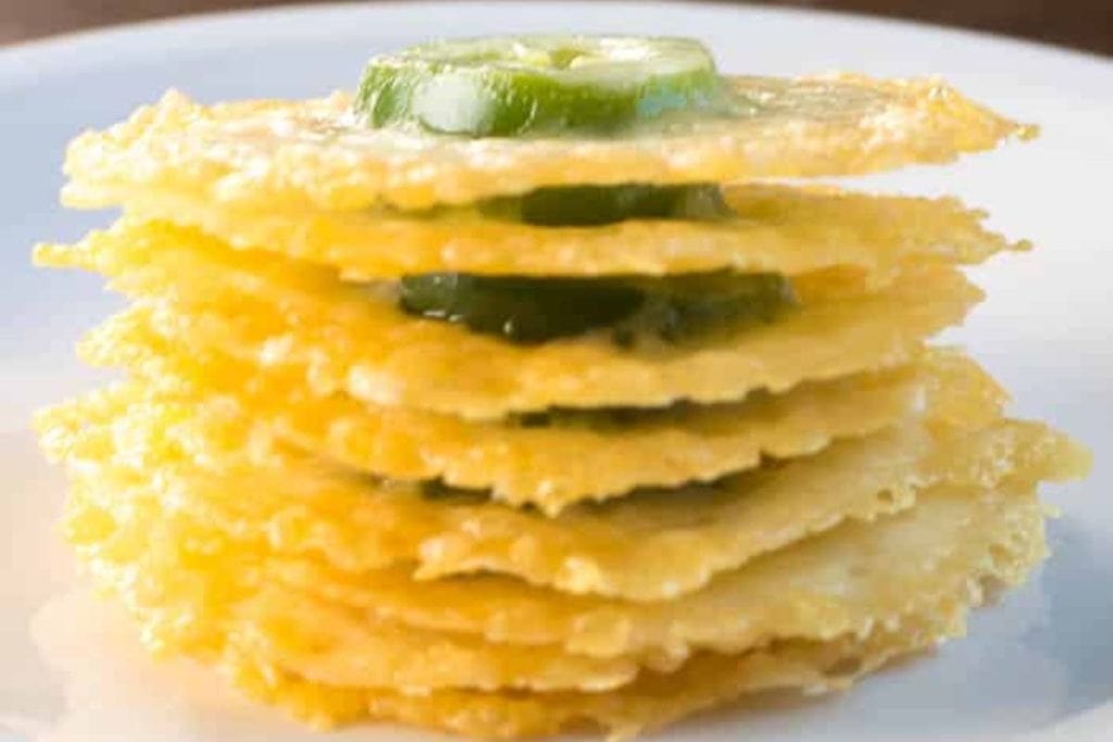 Last-Minute Potluck Ideas: A stack of fried jalapeno crisps on a plate.