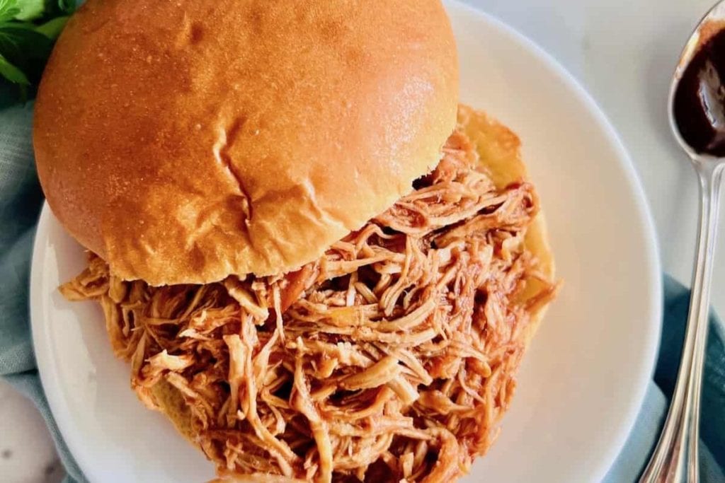 A last-minute pulled pork sandwich on a white plate, perfect for potluck ideas.
