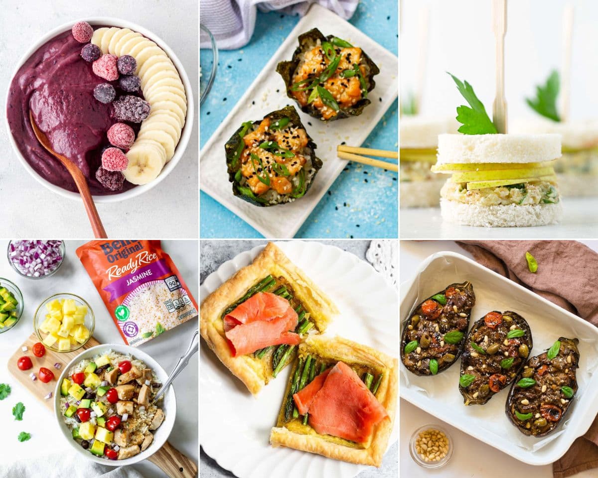 A collage showcasing the best spring recipes through mouthwatering pictures of different types of food.