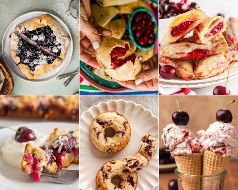 A collage of pictures of desserts featuring cherry pie and ice cream, perfect for celebrating Cherry Pie Day.