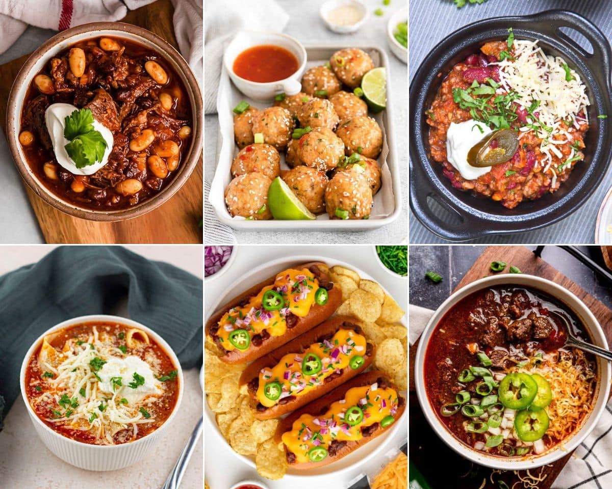 A colorful collage featuring a variety of mouthwatering chili recipes in celebration of National Chili Day RECIPES.