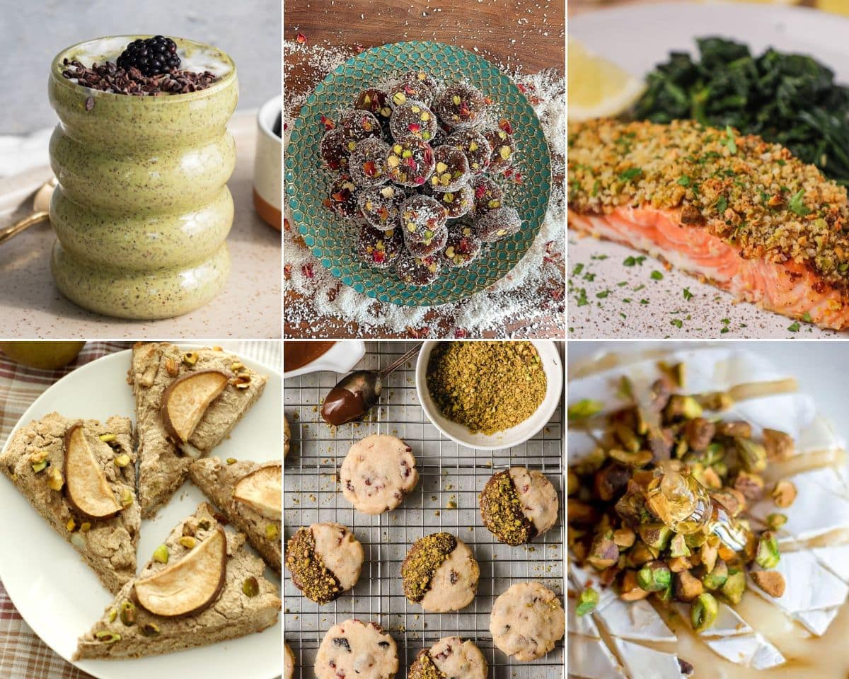 A collage of pictures of food and desserts to celebrate national pistachio day.