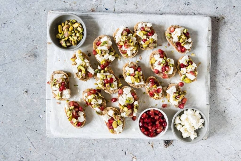 Celebrate National Pistachio Day with these delicious ricotta crostini topped with pistachios.