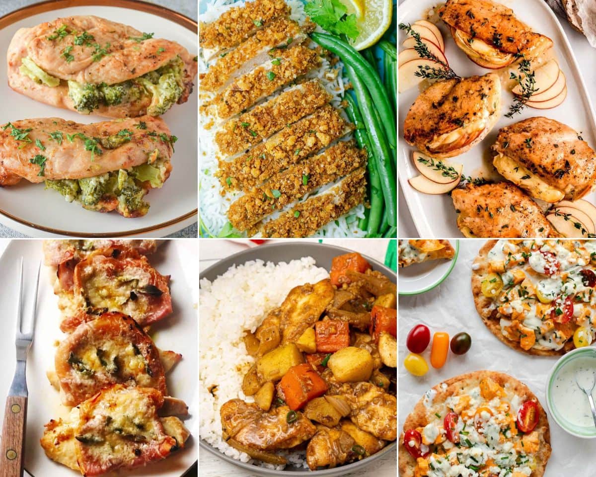 A collage of assorted chicken breast recipes showcasing various cooking styles and ingredients.