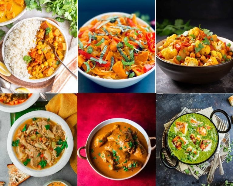 A collage of six diverse and colorful dishes, including curry recipes, each showcasing a different international cuisine.