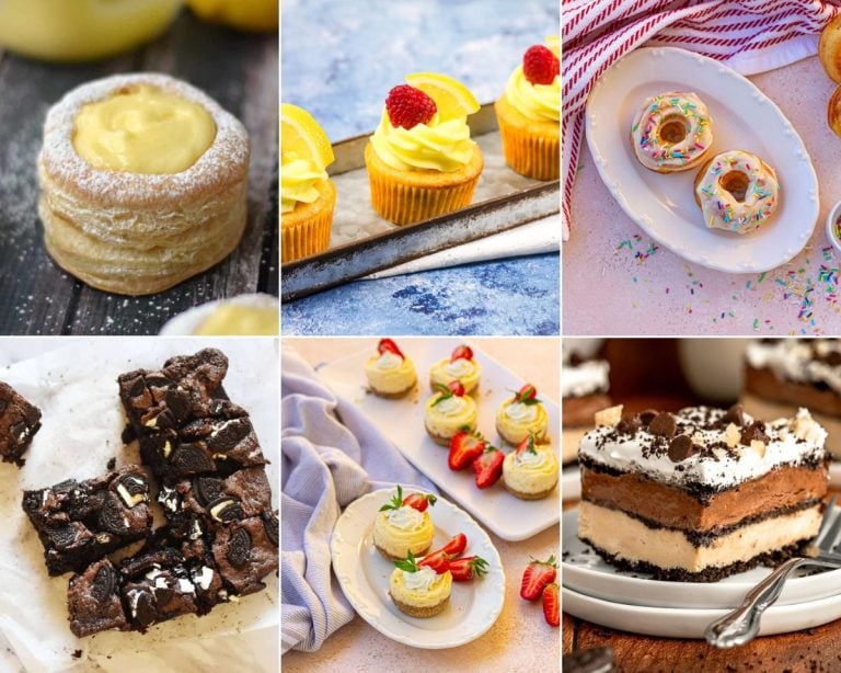 A collage of six different dessert recipes including pastries, cupcakes, donuts, brownies, tartlets, and a layered cake.