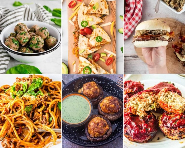 A collage of six different dishes, including meatballs, quesadillas, a burger, spaghetti, stuffed mushrooms, and meatloaf.