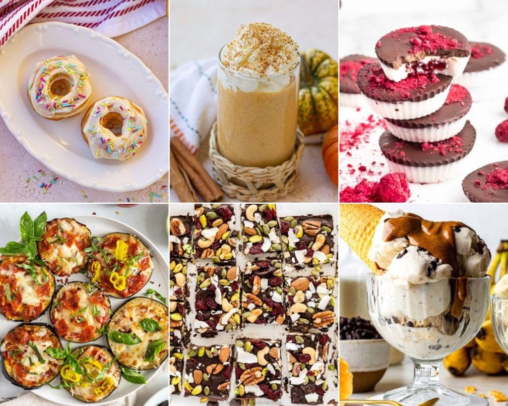A collage of six diverse healthy snacks, including frosted bagels, a creamy dessert in a glass, filled chocolate cups, vegetable egg muffins, nut-topped chocolate bark, and a bowl of
