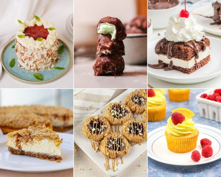 A collage of six different best dessert items, including cakes, cheesecake, and cupcakes.