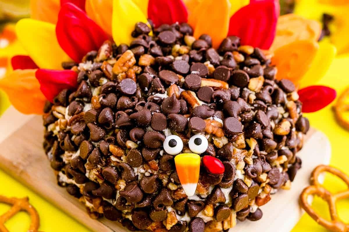 A cheese ball decorated to look like a turkey, covered in chocolate chips and nuts, with candy corn for the beak and candy eyes, and feather-like decorations in the background—perfect for Friendsgiving food ideas.