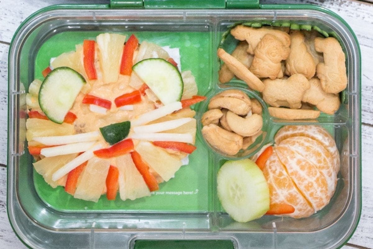 A compartmentalized lunchbox, perfect for School Lunch Ideas for Kids, contains a lion face made from pineapple, red bell pepper, cucumber, and cheese. Other sections hold animal-shaped crackers, cashews, and a peeled orange with cucumber slices.