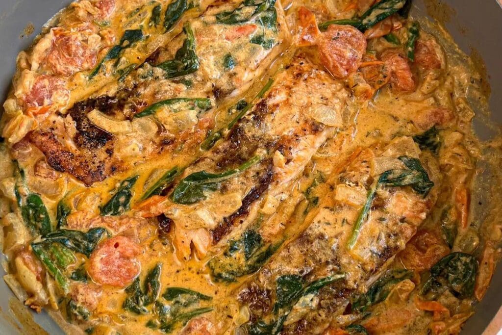 Creamy Spinach Tuscan Salmon by Snacking Emily