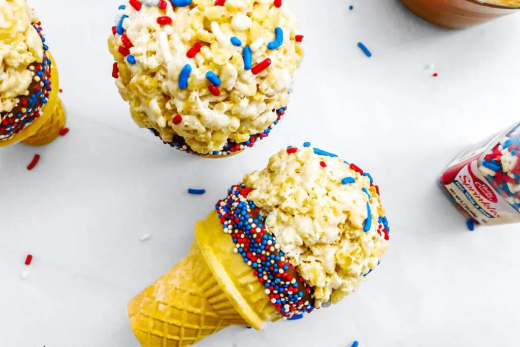 4th of July Rice Krispie Treat Ice Cream Cones by Crystal and Co