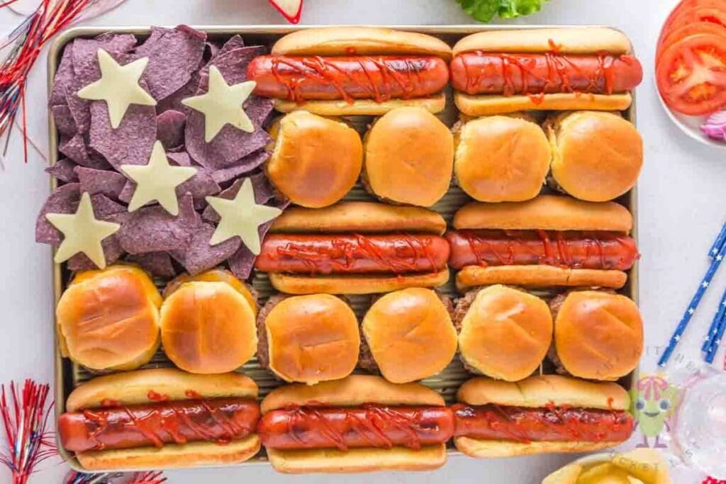 American Flag Board with Burgers and Hot Dogs by The Kitchen Bucket List