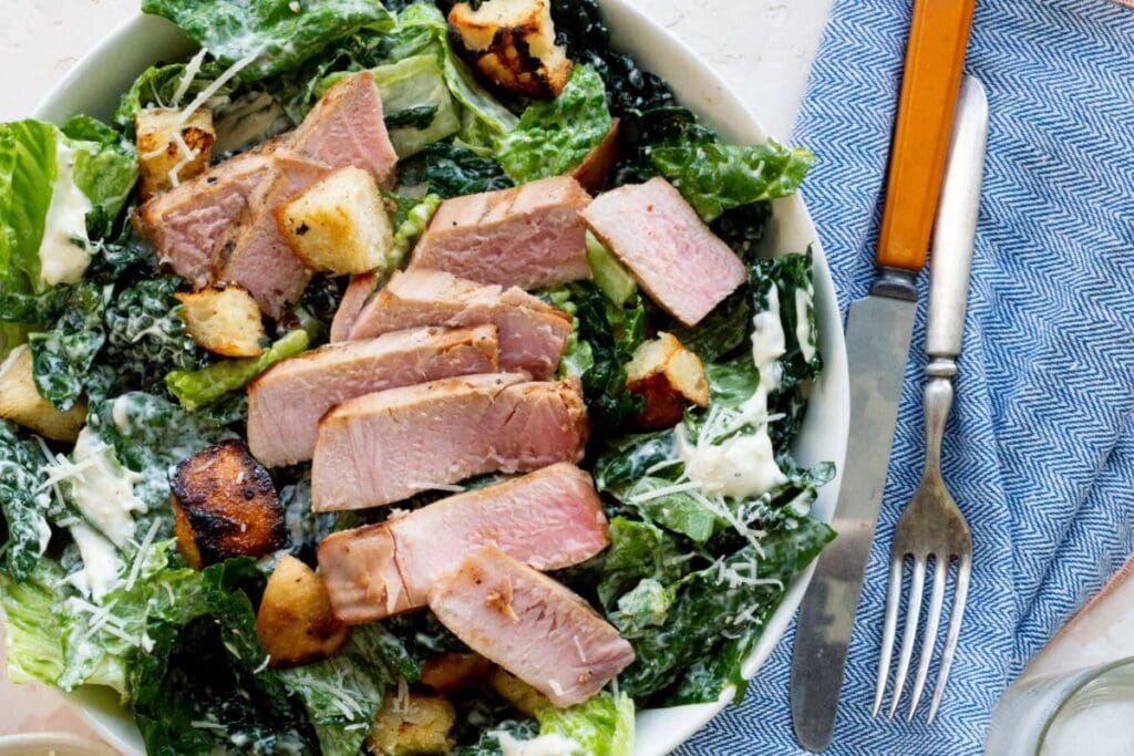 Creamy Kale Caesar Salad with Grilled Fresh Tuna by Little Black Skillet