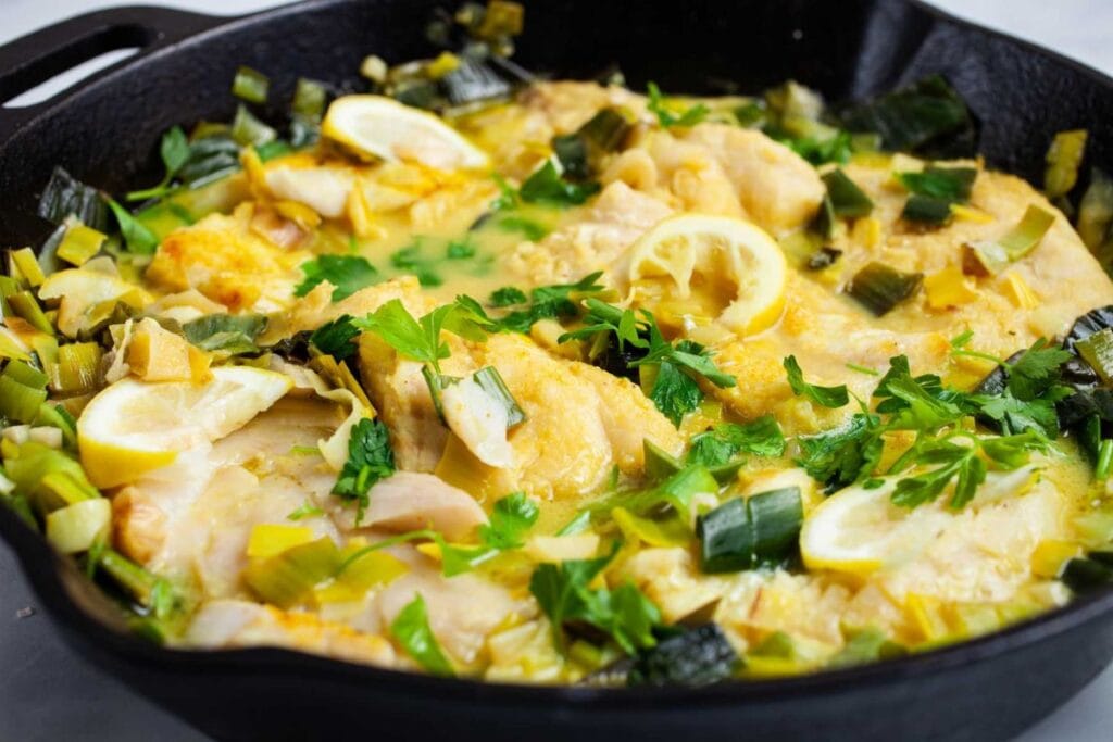 One Skillet Creamy Leeks With Cod Fillets by My Chefs Apron