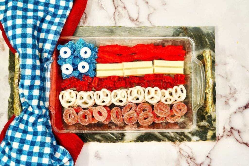 Patriotic Summer Candy Charcuterie Board by Two Kids and a Coupon