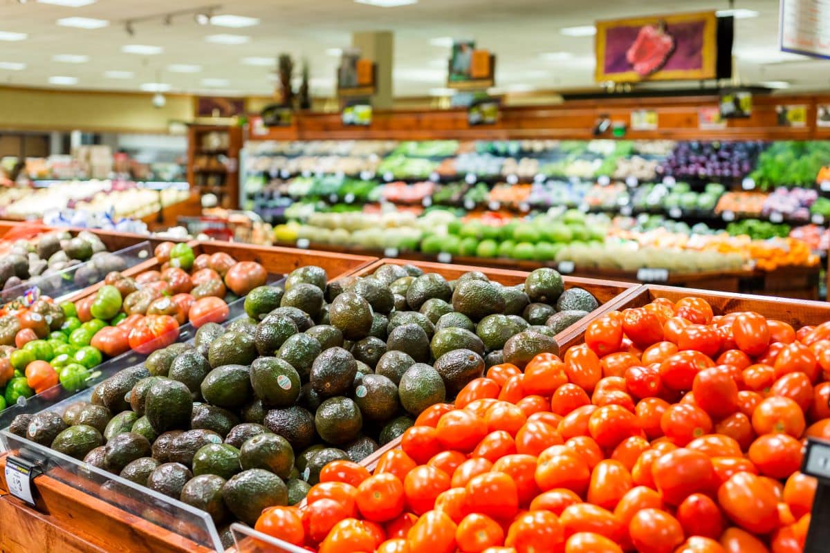 Rows of produce in marketUrban light