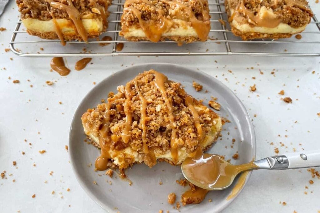 Apple Crumble Cheesecake Bars by Emily Fabulous