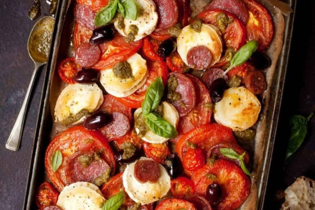 Baked Tomato and Goats Cheese with Salami Olives and Pesto by Little Sugar Snaps