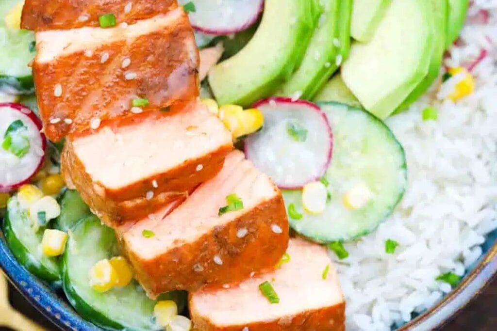 Cucumber Miso Salmon Rice Bowls by Sweet and Savory Meals