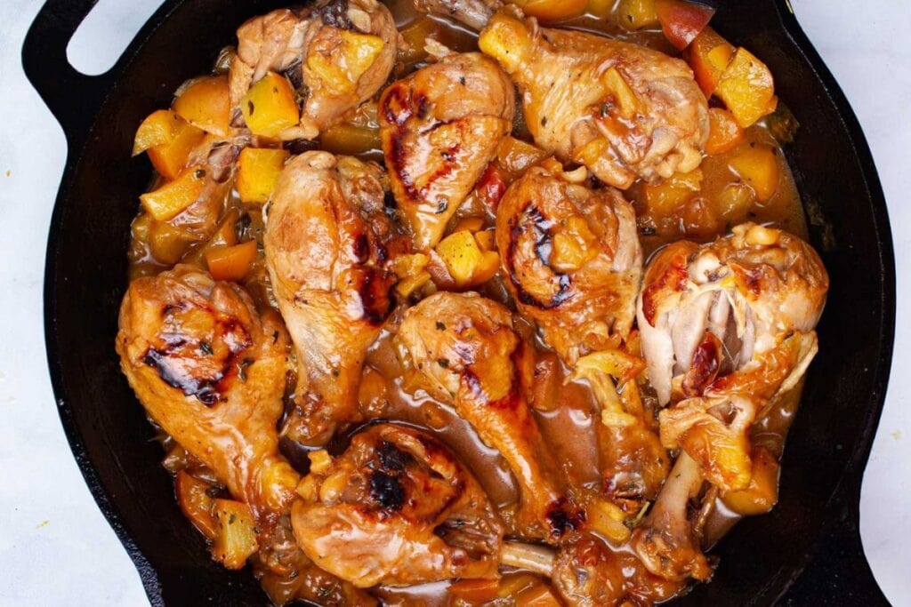 One Skillet Peach Glazed Chicken Legs by My Chefs Apron 1