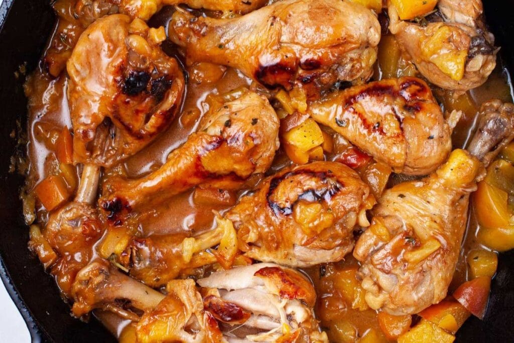 One Skillet Peach Glazed Chicken Legs by My Chefs Apron