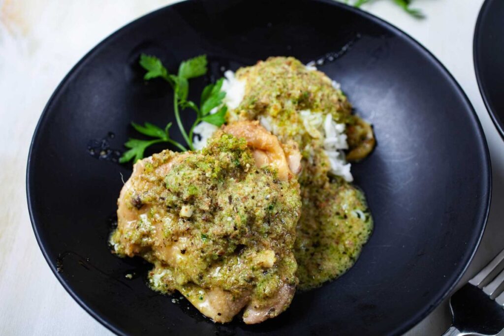 One Skillet Spanish Pesto Chicken Thighs by My Chefs Apron