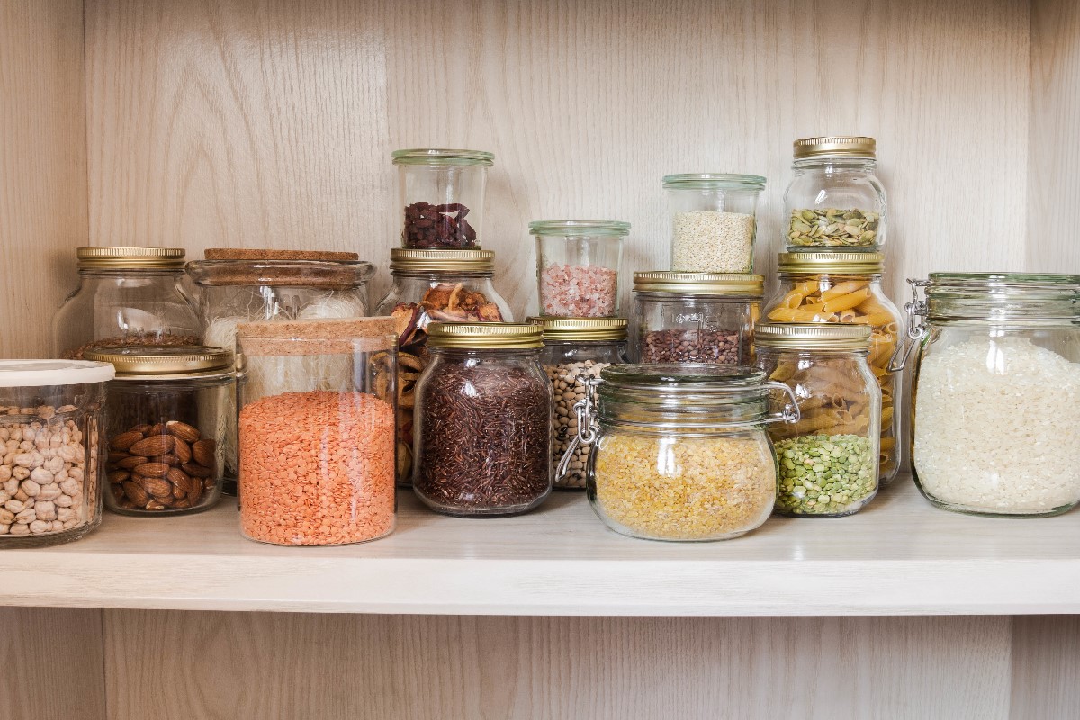 Shelf with cereals and spices