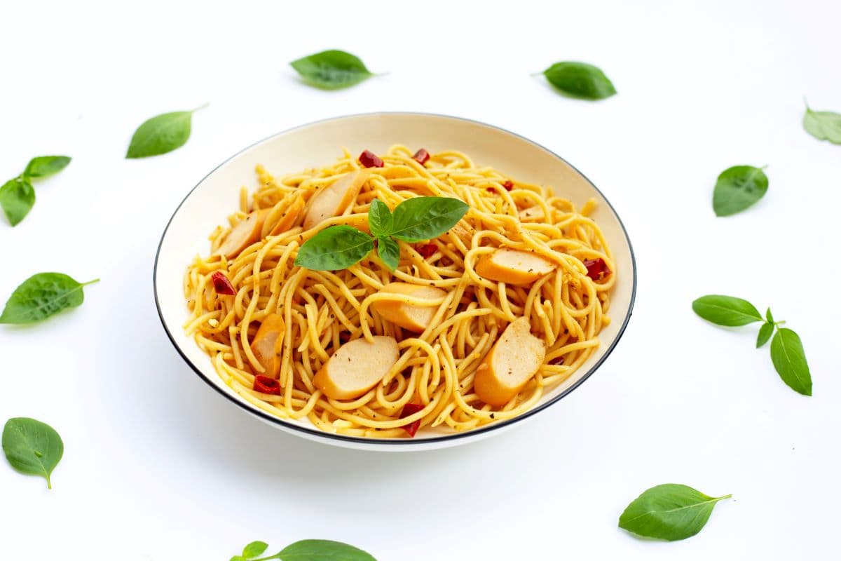 Spaghetti with Cut Up Hot DogsBowonpat