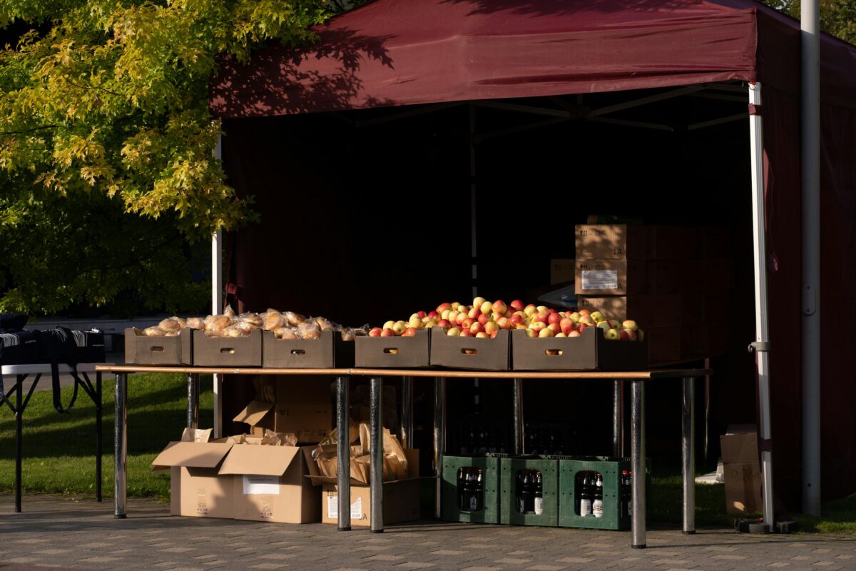 Outdoor market stall with fresh apples in autumn sunlight, ready for sale.